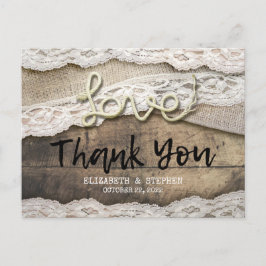 Cartão Postal Rustic Love Rope Burlap Lace Casamento Obrigado