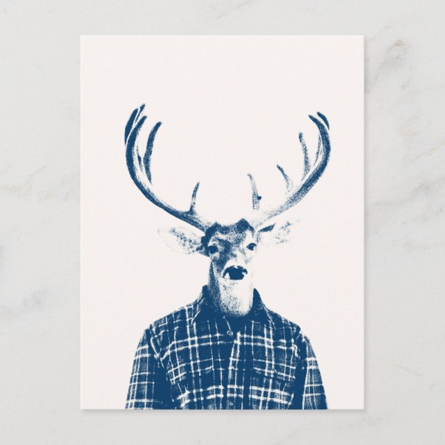 Cartão Postal Rustic Man Buck com Antlers em Azul e Creme (Frente)