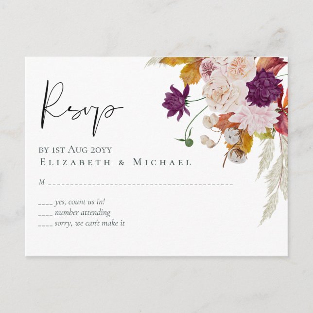 Cartão Postal Rustic Maroon Ginger Blush Weding RSVP (Frente)