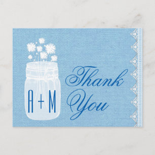 Cartão Postal Rustic Mason Jar and Flowers Obrigado Blue A29
