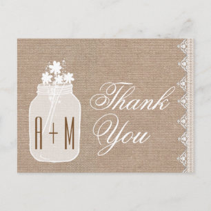 Cartão Postal Rustic Mason Jar and Flowers Obrigado Burlap A06
