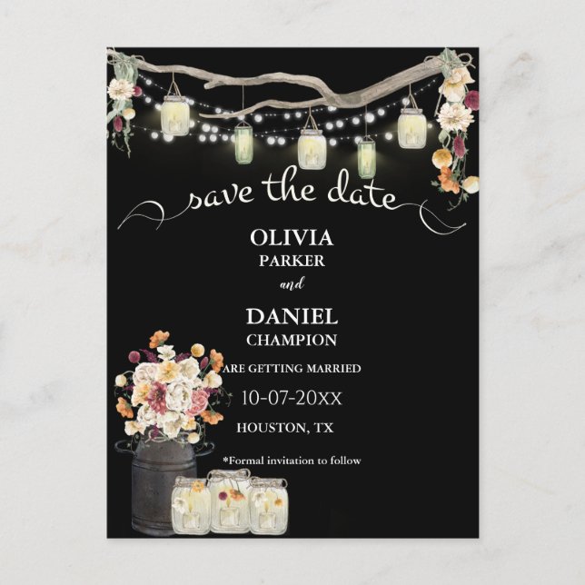 Cartão Postal Rustic Mason Jar String Luzes Aquarela Flores (Frente)
