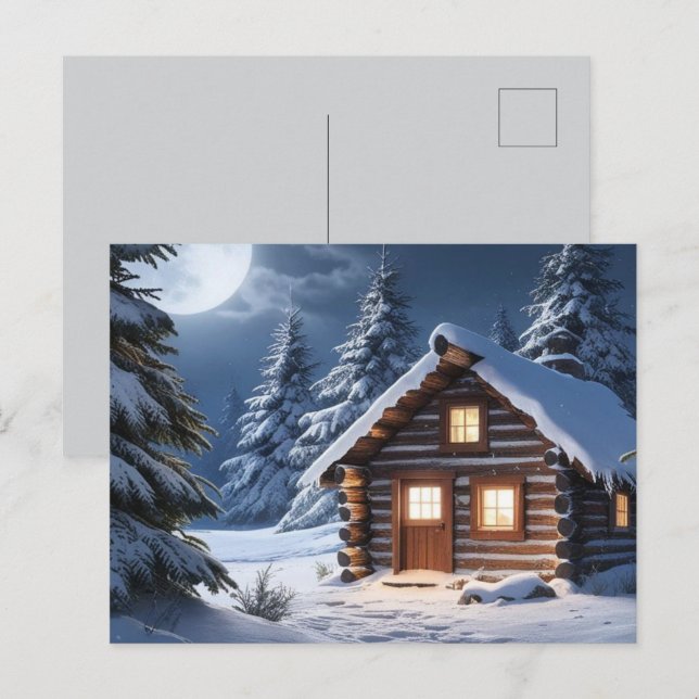 Cartão Postal Rustic Moonlight Cozy Winter Cabine (Frente/Verso)