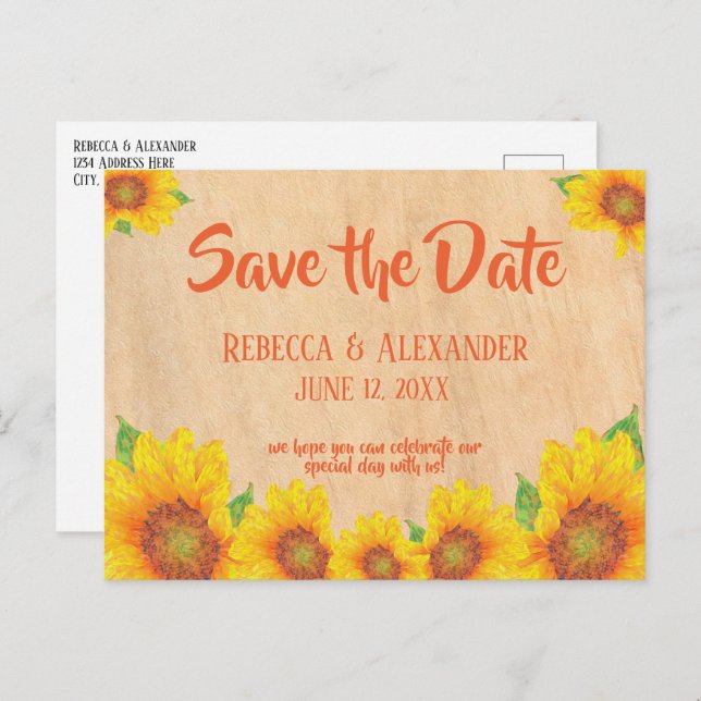 Cartão Postal Rustic Painterly Sunflower Salve a Data (Frente/Verso)