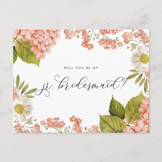 Cartão Postal Rustic Peach Watercolor Hydrangeas Jr. Bridesmaid (Frente)
