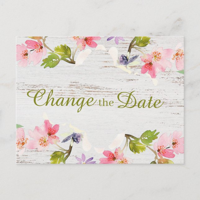 Cartão Postal Rustic Pink Floral on White Wood Altera a Data (Frente)