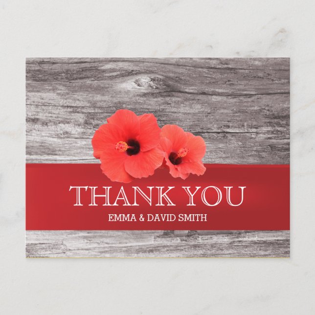 Cartão Postal Rustic Red Hibiscus Wood Background Obrigado (Frente)