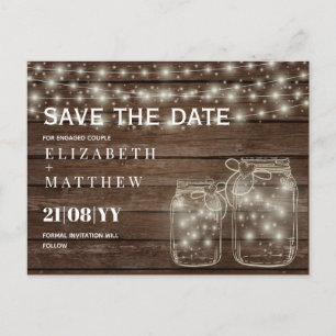 Cartão Postal RUSTIC Save Date Mason Jars Strings Luzes Casament