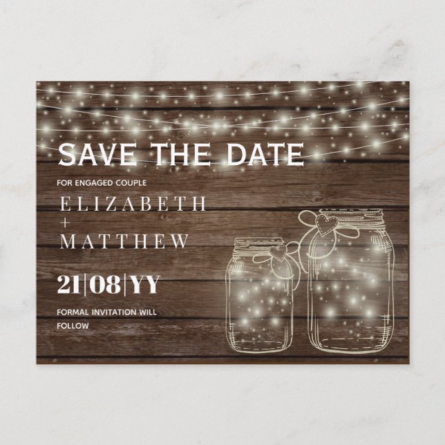 Cartão Postal RUSTIC Save Date Mason Jars Strings Luzes Casament (Frente)