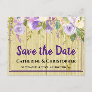 Cartão Postal Rustic Save the Date Purple Floral Announing