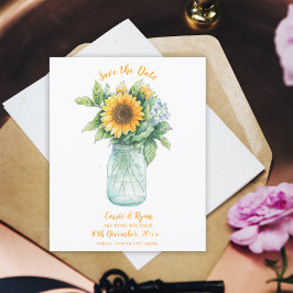 Cartão Postal Rustic Sunflower Mason Jar Weding Date