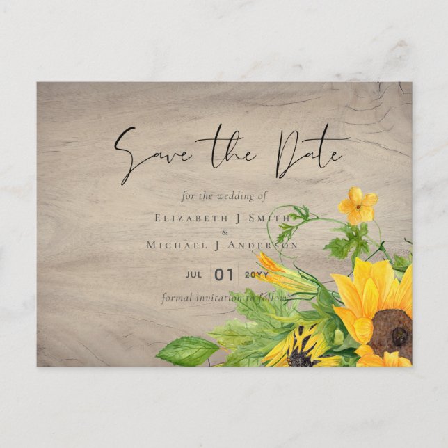 Cartão Postal Rustic Sunflower Woodland Casamento Salva a Data (Frente)