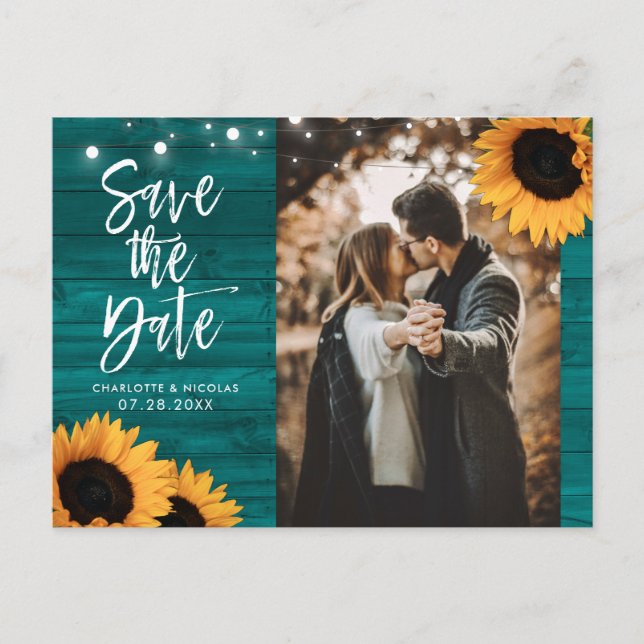 Cartão Postal Rustic Teal Sunflower Foto Para Salvar A Data (Frente)