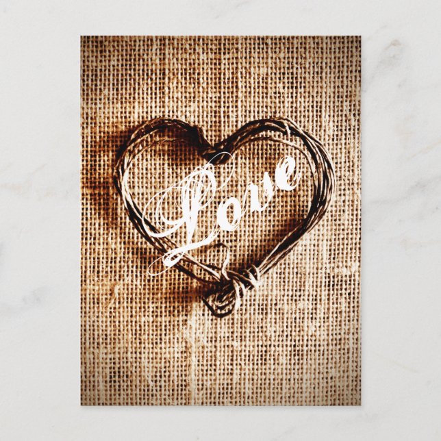 Cartão postal Rustic Twine Heart Burlap Impressão  (Frente)
