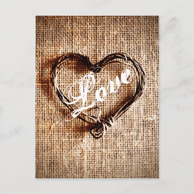 Cartão postal Rustic Twine Heart Burlap Impressão  (Frente)