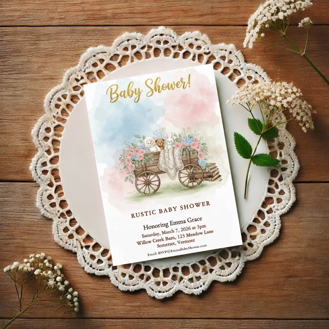 Cartão Postal Rustic Wagon Watercolor Floral Baby Shower (Criador carregado)