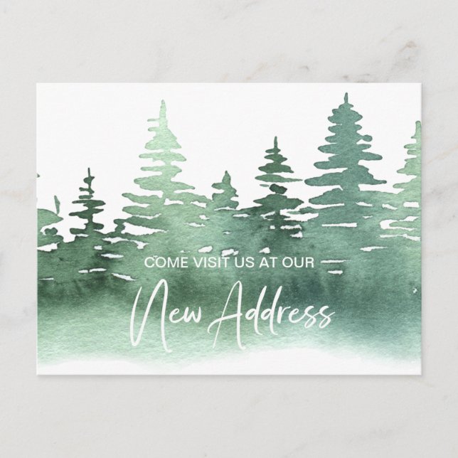 Cartão Postal Rustic Watercolor Pine Trees Change Address (Frente)
