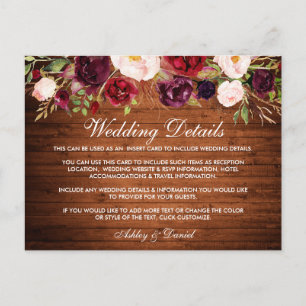 Cartão Postal Rustic Wedes Details Burgundy Floral Wood Card