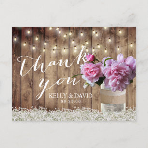 Cartão Postal Rustic Weds Pink Floral Mason Jar Obrigado