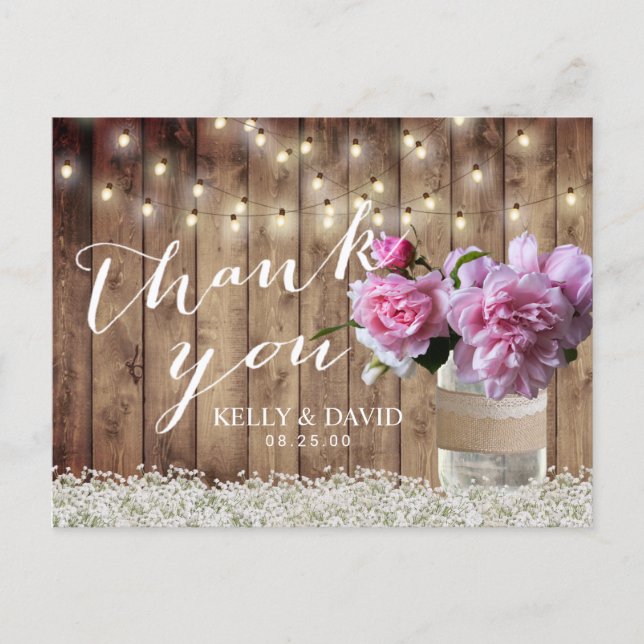 Cartão Postal Rustic Weds Pink Floral Mason Jar Obrigado (Frente)