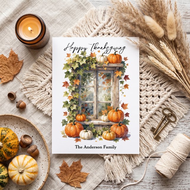 Cartão Postal Rustic Window Orange Fall Pumpkins Thanksgiving (Criador carregado)