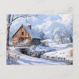 Cartão Postal Rustic Winter Barn by Frozen Stream