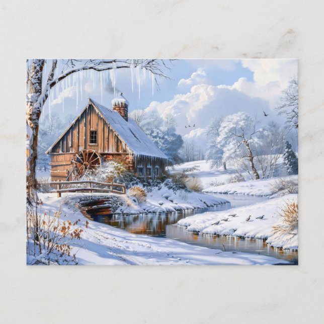 Cartão Postal Rustic Winter Barn by Frozen Stream (Frente)