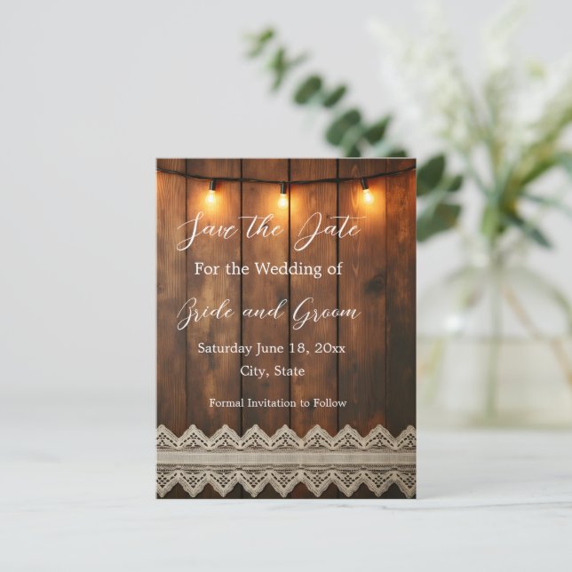Cartão Postal Rustic Wood and Lace Save the Date Postcard (Em pé/Frente)