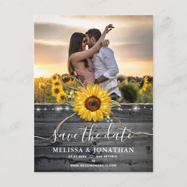 Cartão Postal Rustic Wood Country Sunflower Photo Save the Date (Frente)