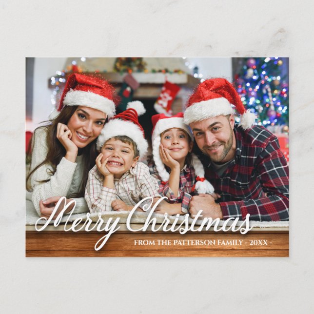 Cartão Postal Rustic Wood Family Foto Feliz Natal Moderno (Frente)
