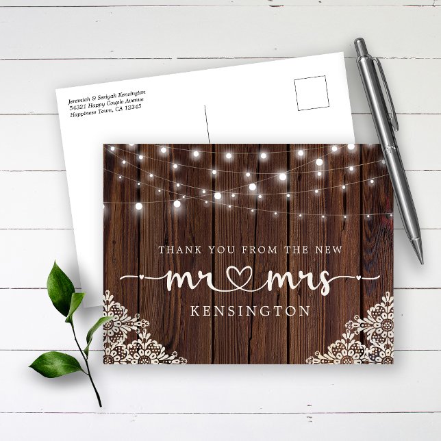 Cartão Postal Rustic Wood Lights Lace New Mr Mrs Thank You (Criador carregado)
