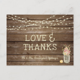 Cartão Postal Rustic Wood Mason Jar Flowers AMA OBRIGADOS Casame