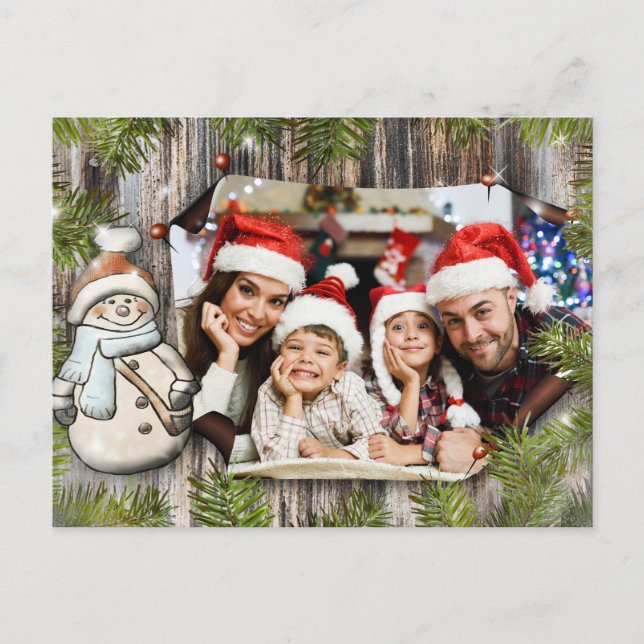 Cartão Postal Rustic Wood Snowman Frame Christmas Photo (Frente)