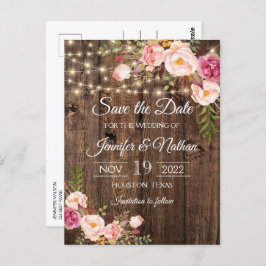 Cartão Postal Rustic Wood String Luz Casamento Salve a Data