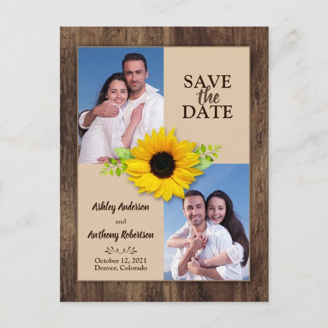 Cartão Postal Rustic Wood Sunflower Photo Save the Date Postcard (Frente)