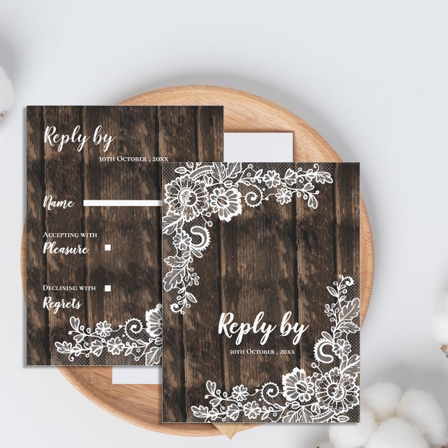Cartão Postal Rustic Wood White Floral Lace Country Casamento RS (Rustic Wood White Floral Lace Country Wedding RSVP Postcard)