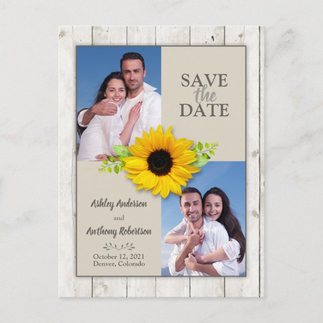 Cartão Postal Rústica Branca Lavada Foto de Girassol Salva a Dat (Frente)