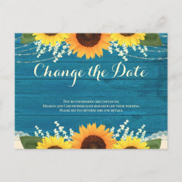 Cartão Postal Rústica Teal Wood Sunflower Wedding Alterar a Data