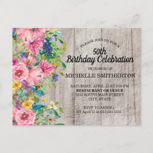Cartão Postal Rústico Rosa Azul Floral em Aquarela 50º Aniversár