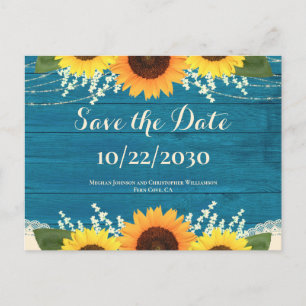 Cartão Postal Rústico Teal Wood Sunflower Casamento Salvar Data