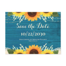 Rústico Teal Wood Sunflower Casamento Salvar Data