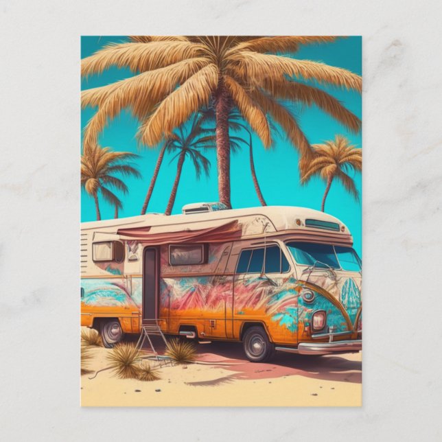 Cartão Postal RV retrô e palmeiras (Frente)