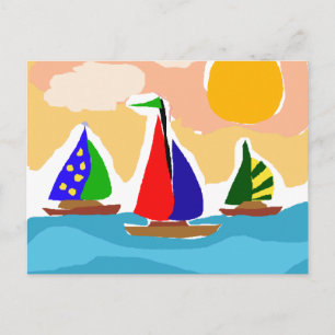 Cartão Postal SA - Arte Primitiva Colorida do Navio de Navegação