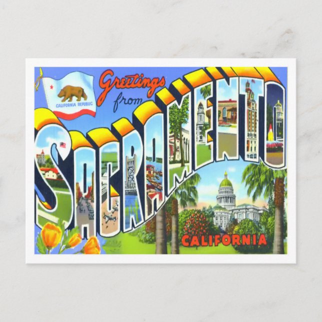 Cartão Postal Sacramento, California Vintage Big Letters (Frente)