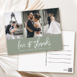 Cartão Postal Sage de Colagem de Fotos com Letra Mão Obrigado<br><div class="desc">Obrigado seus convidados com esta moderna colagem de fotos,  obrigado cartas com "amor e obrigados" manuscritos.</div>
