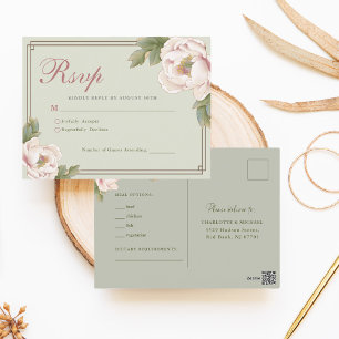 Cartão Postal Sage Green & Blush Peony Floral Wedding RSVP