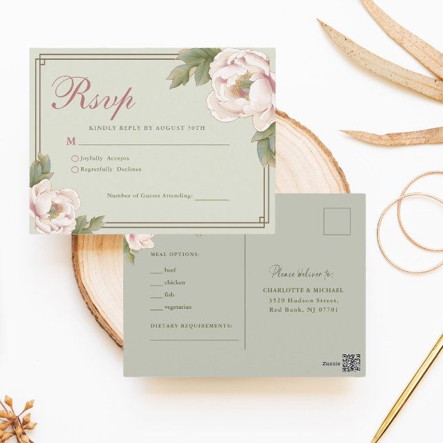 Cartão Postal Sage Green & Blush Peony Floral Wedding RSVP (Criador carregado)