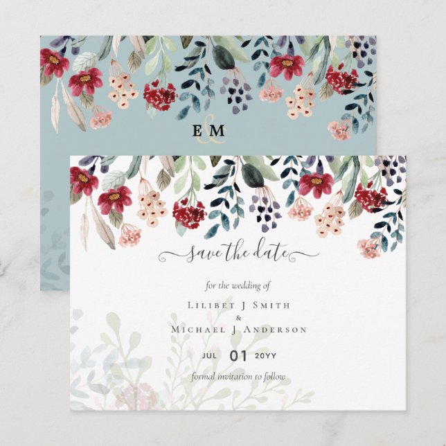 Cartão Postal Sage Green Burgundy Blue Floral Casamento (Frente/Verso)
