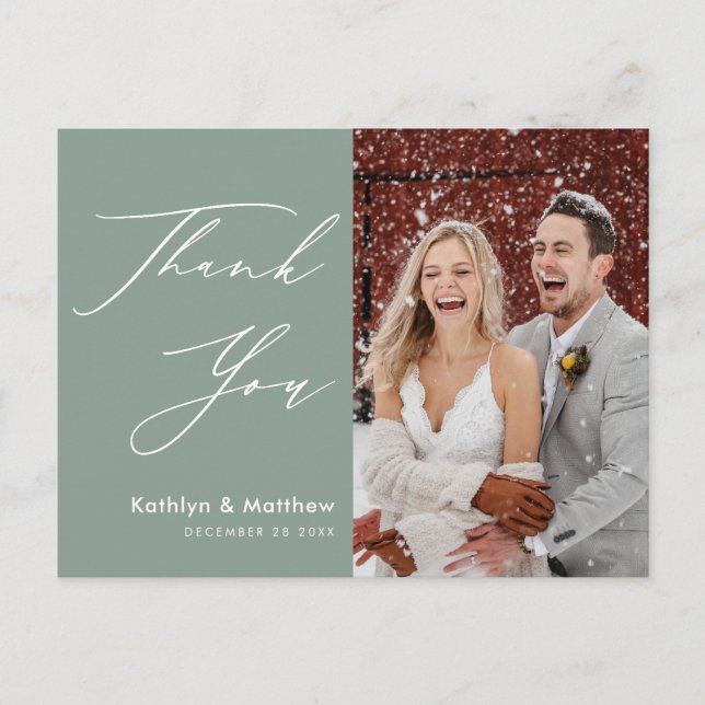 Cartão Postal Sage Green Elegant Script Modern Wedn Obrigado (Frente)