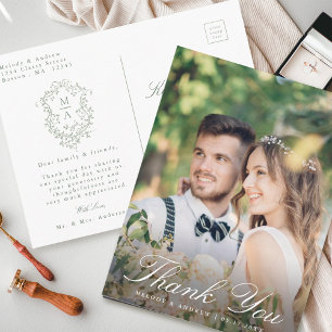 Cartão Postal Sage Green Floral Crest Casamento Obrigado